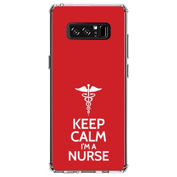 DistinctInk Clear Shockproof Hybrid Case for Samsung Galaxy Note 8 - TPU Bumper, Acrylic Back, Tempered Glass Screen Protector - Red White "Keep Calm I'm a Nurse" - Support for Nurses