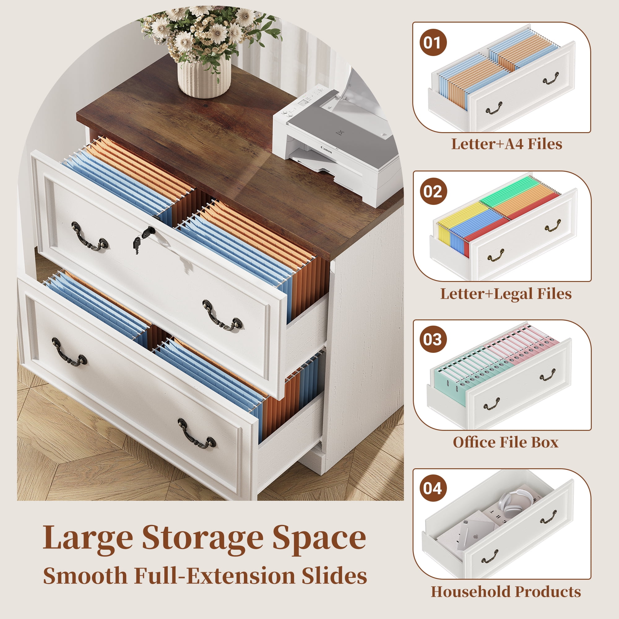 HMstone Farmhouse File Cabinet with Lock, 2 Drawer Lateral File Cabinet for Printer Stand, Large Wood Filing Storage Cabinet for Home Office, Fits A4/Letter Size Files, White