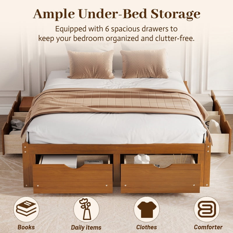 Queen/King Size No Box Spring Required Platform Bed with No Headboard, Wooden Storage Bed Frame with 6 Drawers