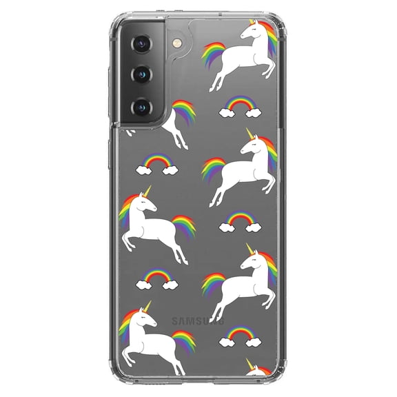 DistinctInk Clear Shockproof Hybrid Case for Galaxy S21  PLUS 5G (6.7" Screen) - TPU Bumper, Acrylic Back, Tempered Glass Screen Protector - Rainbows & Unicorns