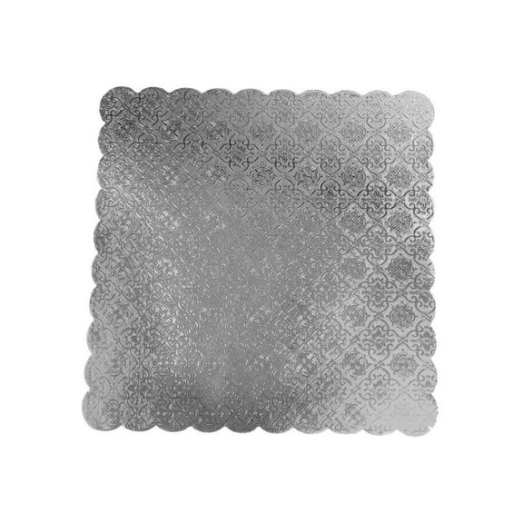 Cake Board - Thick Strong Compact Heavyweight Non-Corrugated Cardboard - Scalloped Square with White Bottom and Embossed Silver-Foil Top Case of 50, 9-7/8" x 9-7/8"