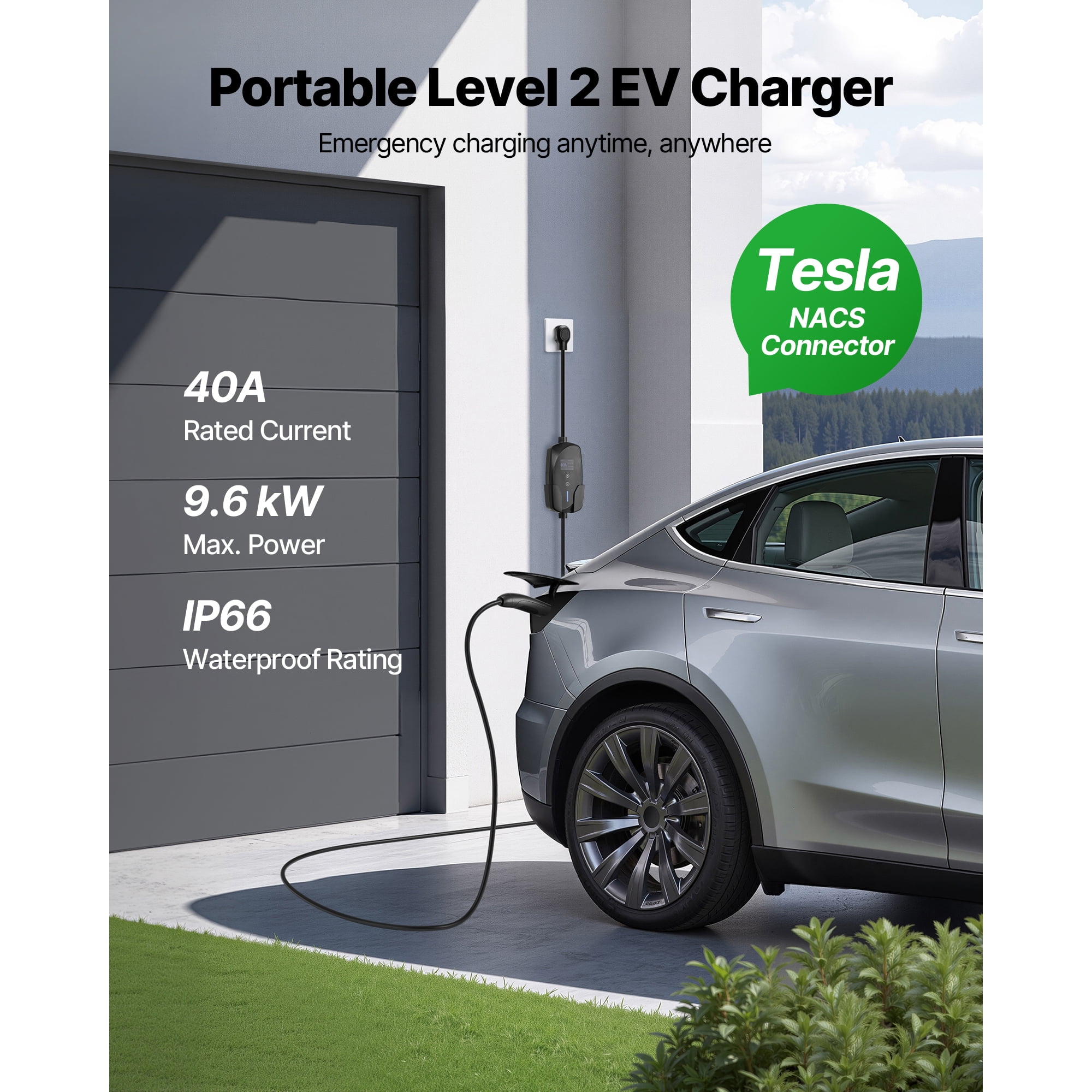 KFFKFF Level 2 EV Charger, 40A Adjustable Current, 240V Portable Electric Vehicle Charger with 25 ft Cable, NEMA 14-50 Plug, LCD Screen, NACS Connector, Compatible with Tesla Models Y/X/3/S