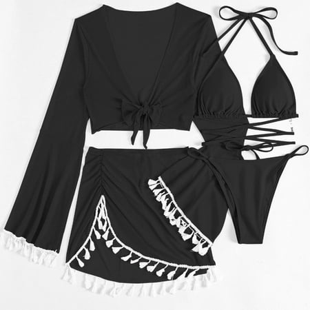 Tawop Swim Suits for Women Swimsuit Cover Up 4 Piece Bikini Tassel Mesh Beach Swim Clearance Womens Black S