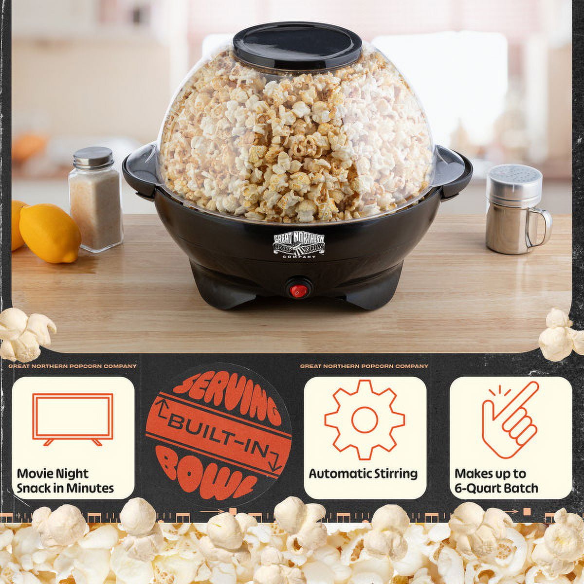 Great Northern Popcorn 800W Electric Popcorn Machine with Auto Stir, Black