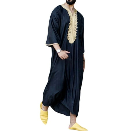 

Men Loose Casual Linen Robe Full Length Sleepwear Long Gown Thobe for Men Henley Shirts Plus Size