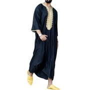 Men Muslim Kaftan, Patchwork Collarless Three Quarter Sleeve Casual Vintage Robe Shirt for Middle East, Islamic