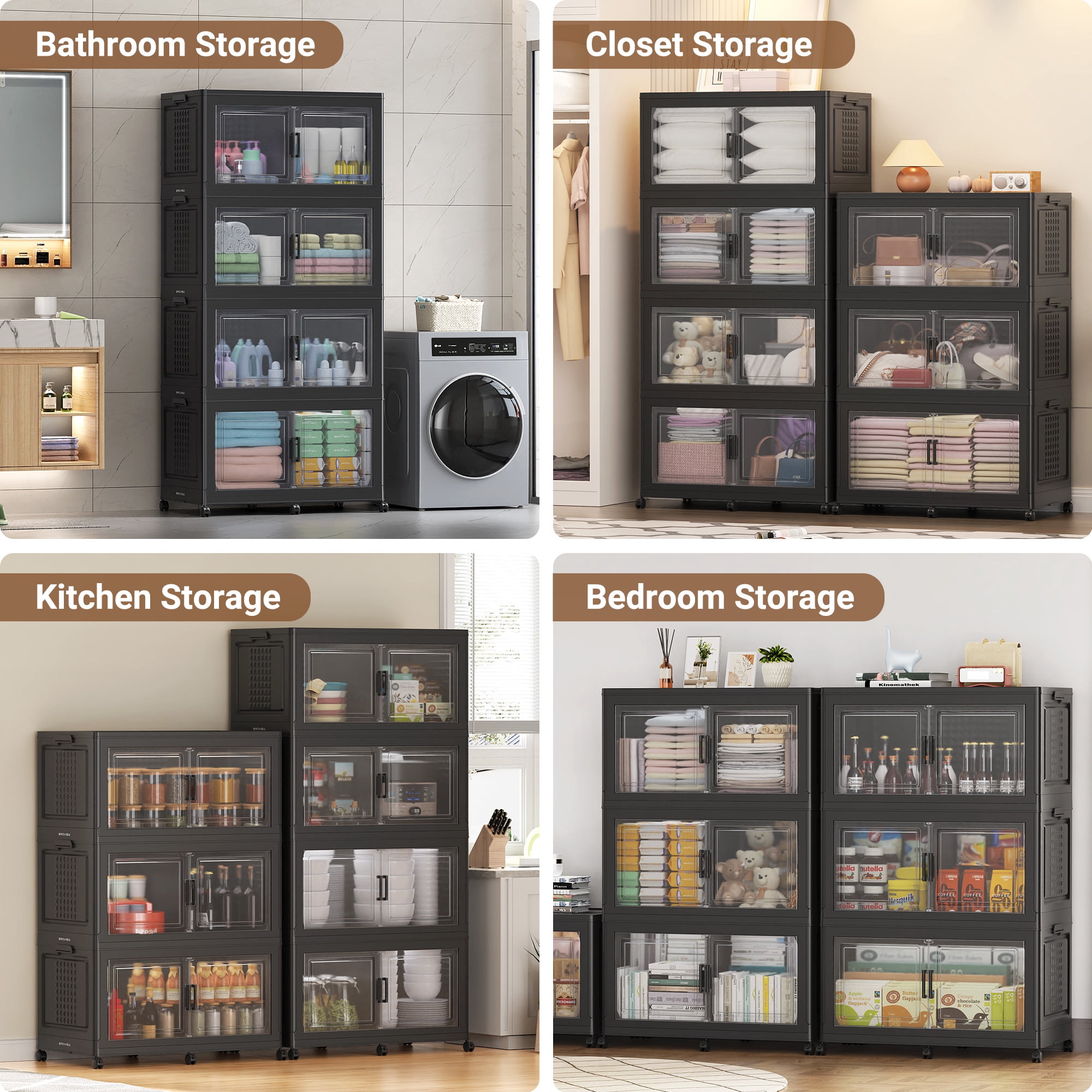 Broview 600QT Stackable Storage Bins with Lid, Wheels & Dividers, Extra Large Collapsible Plastic Closet Organizers Storage Cabinet Box,3Pack Black
