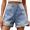 thumbnail image 1 of Women's High-Waisted Jeans Shorts Frayed Raw Hem Ripped Summer Relaxed Fit Distressed Denim Shorts with Pockets, 1 of 7