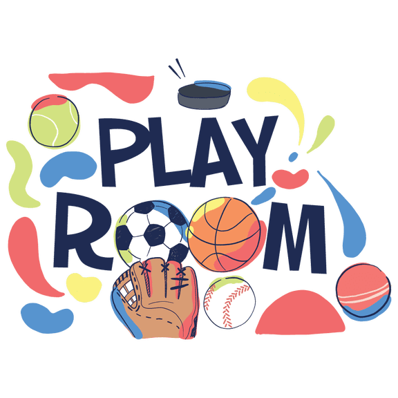 Playroom Logo with Sports Collection Creative Design Vinyl Wall Decal - Basketball, Volleyball, Tennis, Badminton, Football, Darts and Baseball Equipments with Colorful and Vibrant Design for Kid's Ro