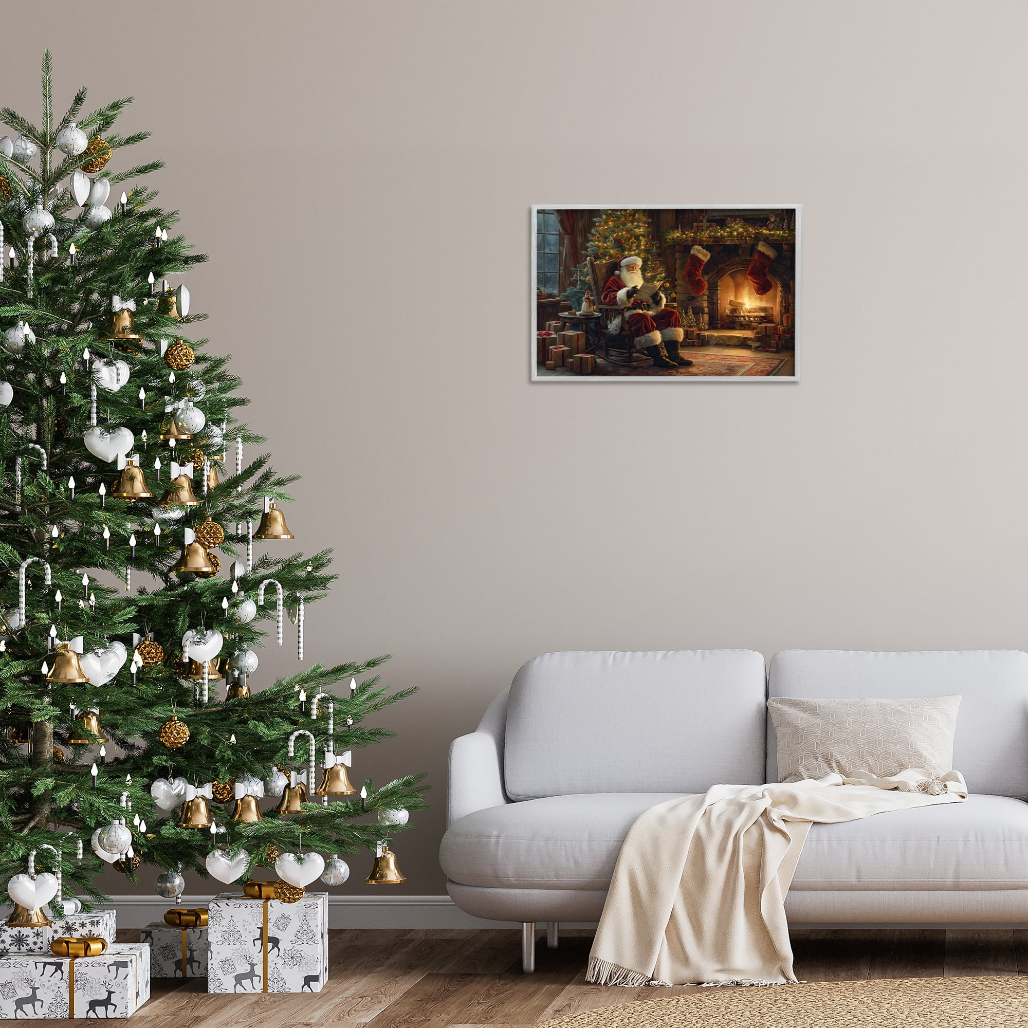Stupell Industries Santa Claus by Fire Holiday Painting Gray Framed Art Prints Wall Art, 24 x 16