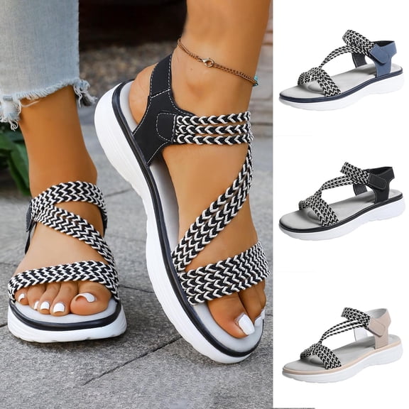 Women's Wide Width Flat Sandals, Breathable Woven Fabric Open Toe Shoes with Adjustable Ankle Strap, Comfortable Soft Sole Walking Shoes for Summer, Beach, Daily Wear - Black/Gray/Beige