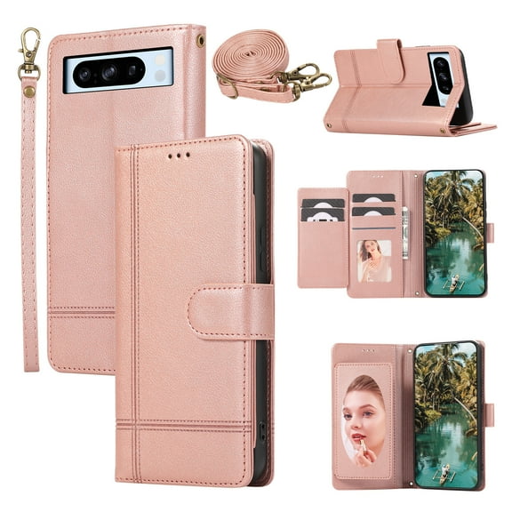 Compatible with Google Pixel 9 Pro XL Wallet Case, with Wrist Strap and Crossbody Strap, Make-up Mirror PU Leather Flip Credit Cell Cover Kickstand for Google Pixel 9 Pro XL Girls Women, Rosegold