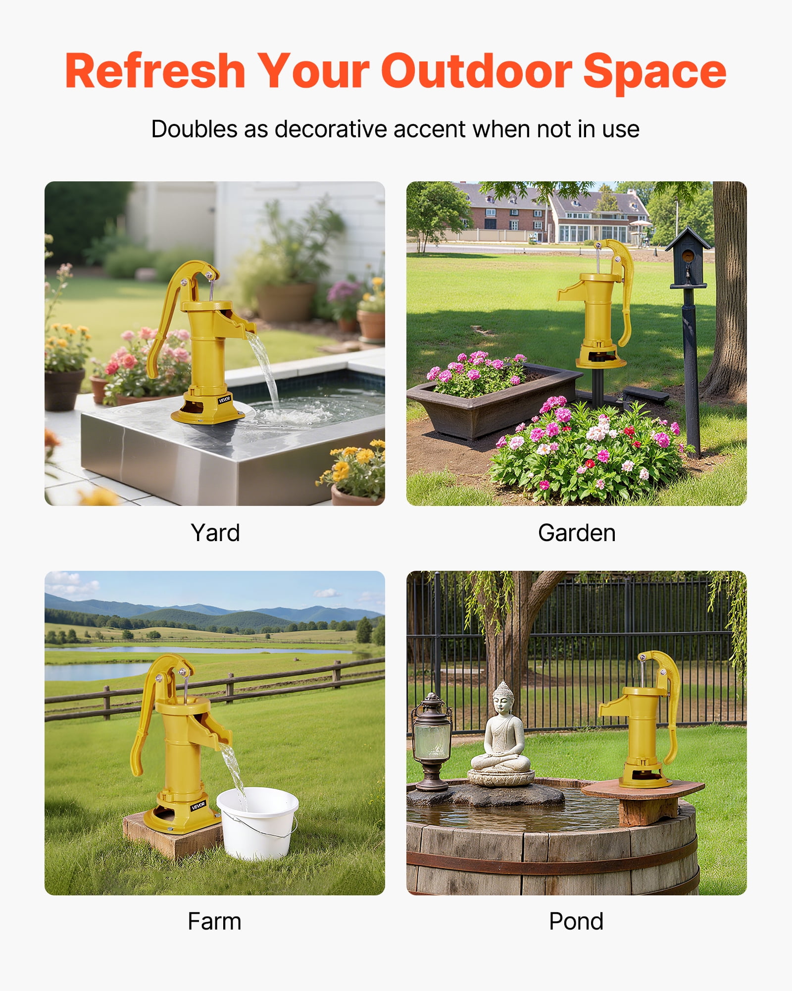 VEVOR Well Hand Pitcher Pump, 25 ft Maximum Lift, Antique Cast Iron Manual Hand Water Pump, NPT 1-1/4 in Connection, Easy Installation, Old Fashioned for Outdoor Garden, Pond, Backyard, Farm, Yellow