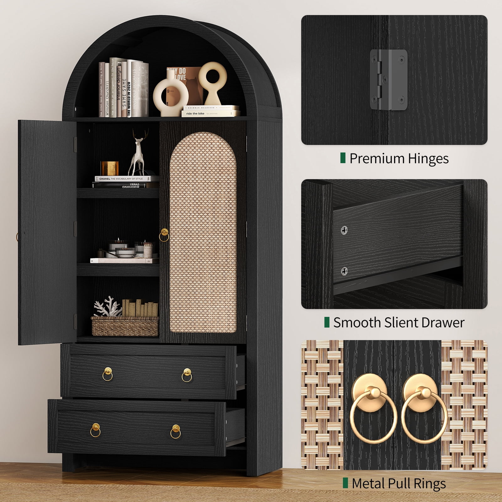 71" Tall Arched Kitchen Pantry Storage Cabinet with Rattan Doors,Wood Pantry Cabinet with 2 Drawers and 6 Shelves for Dining Room, Living Room,Black