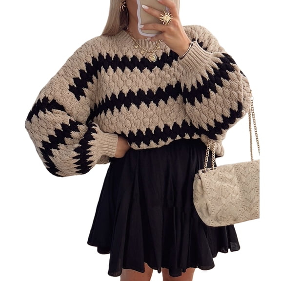 Womens Cute Sweaters Trendy Color Block Pullover Sweater Cable Knit Jumper Tops Khaki L