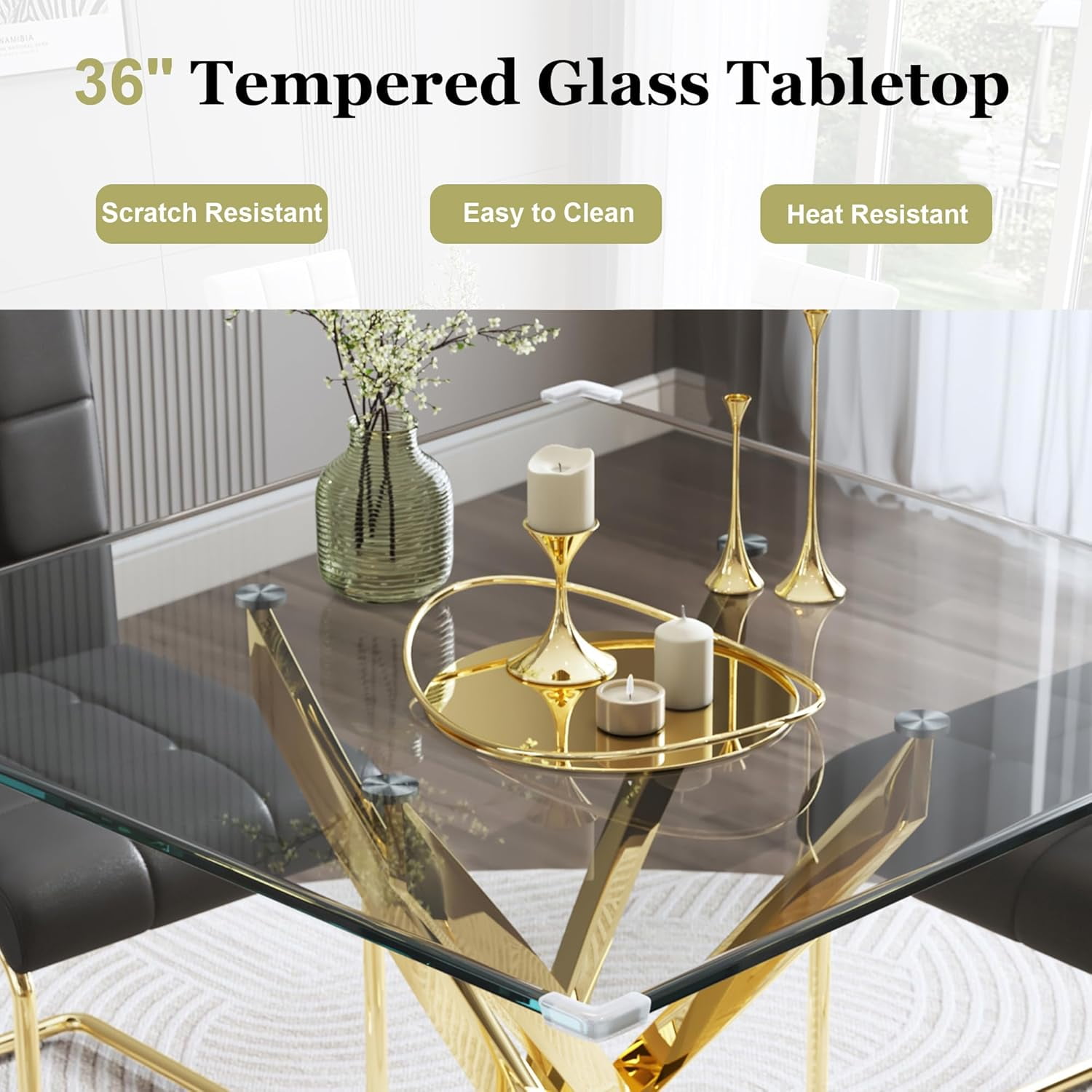 5-Piece Dining Table Set, 36" Square Clear Tempered Glass Table & 4 PU Cantilever Chairs with Stainless Steel Legs, Dining Table Set for Small Space, Apartment, Home Office
