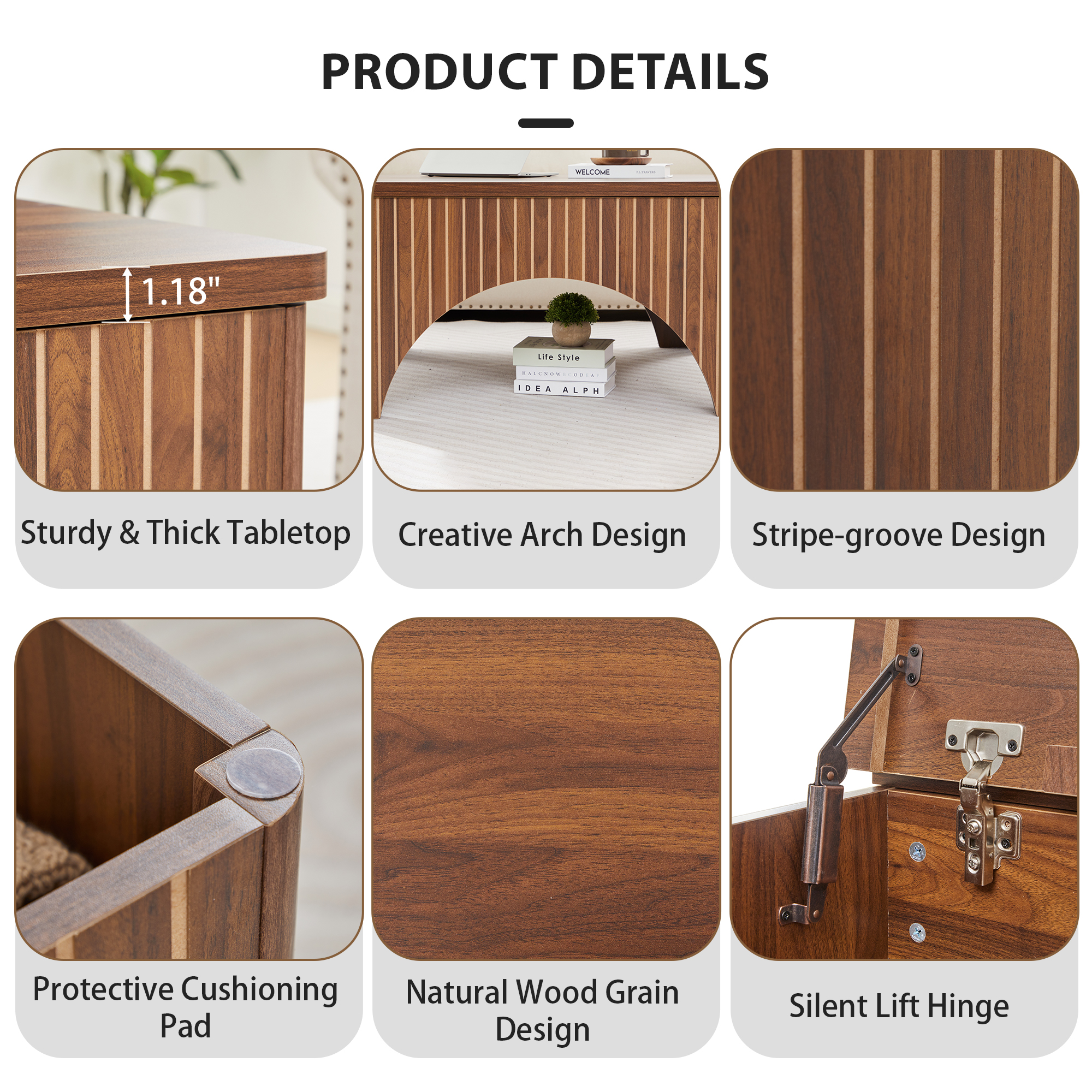 YOCWO 4 in 1 Carved Arched Square Coffee Table with Flip Top and Lift Top, Square Coffee Table with Hidden Compartments Storage for Living Room, Walnut
