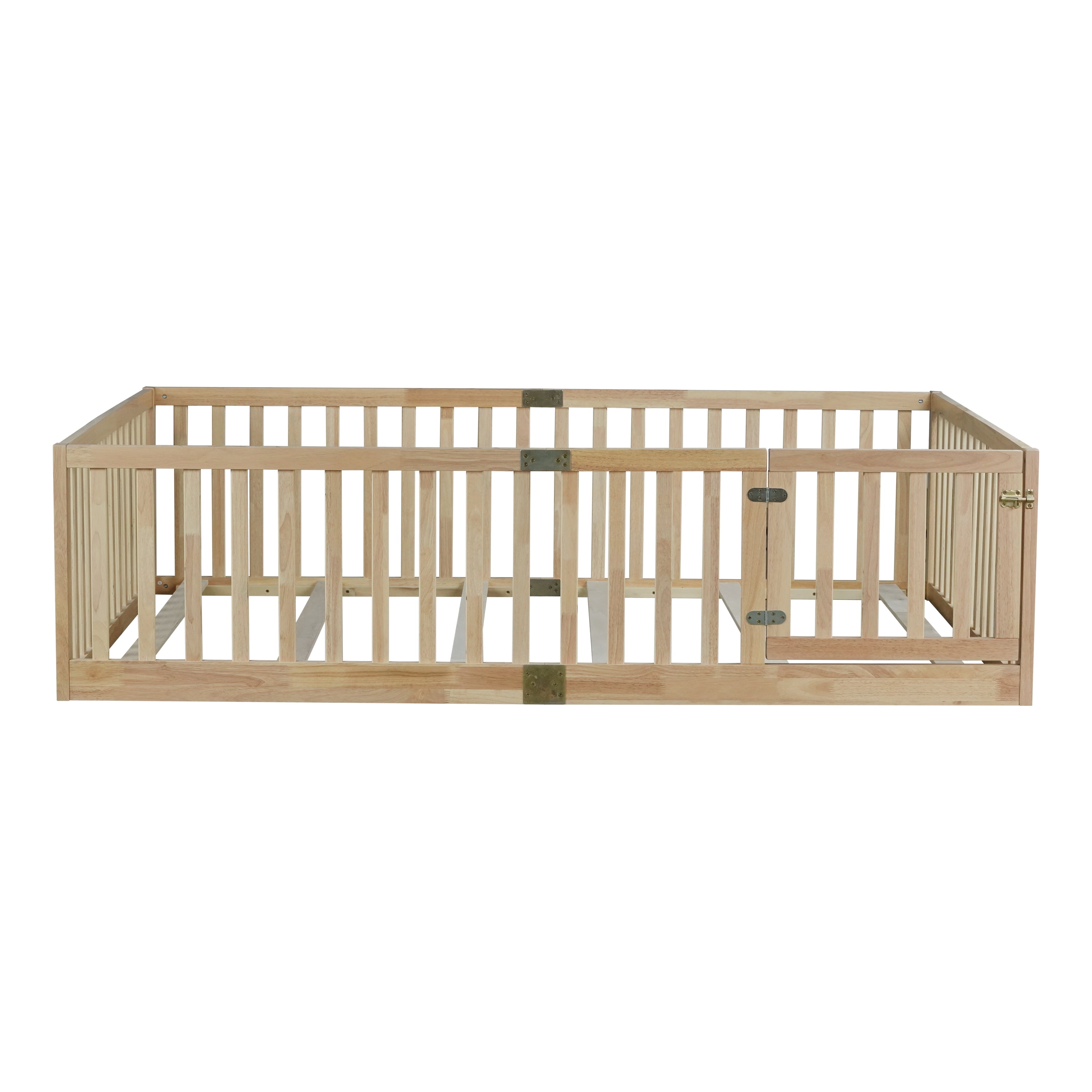 Sailvan Full Size Floor Bed with High Fence Railings, Door,6 Slats,Safety Guardrails,Rubber Wood