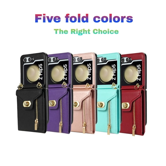 For Samsung Galaxy Z Flip5 Crossbody Case with Strap Wallet Card Bag Leather Zipper Shockproof Phone Case Cover - Black