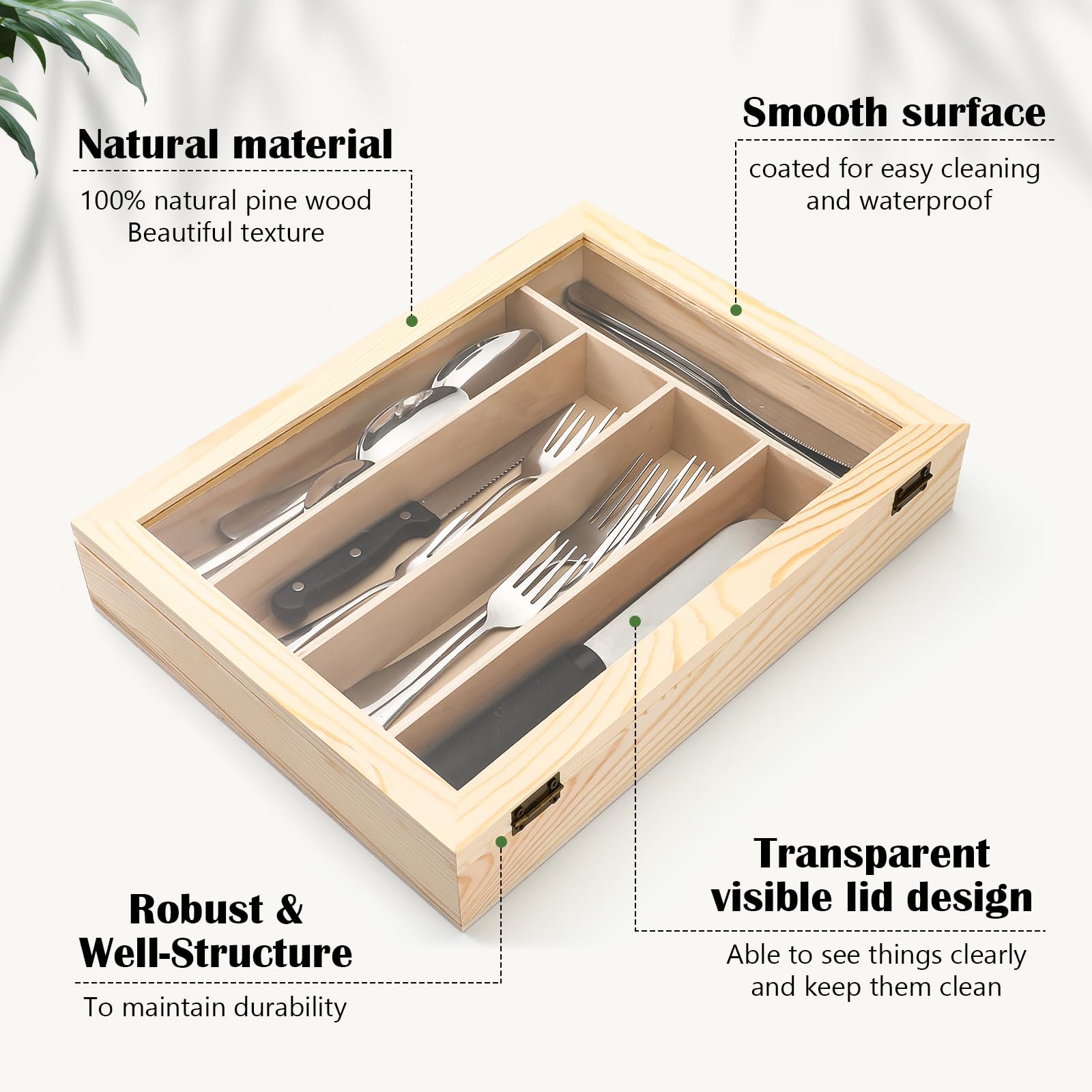 GFCAS-Wooden Silverware Organizer with Lid 5 Slot Kitchen Drawer Storage Tray for Cutlery Countertop