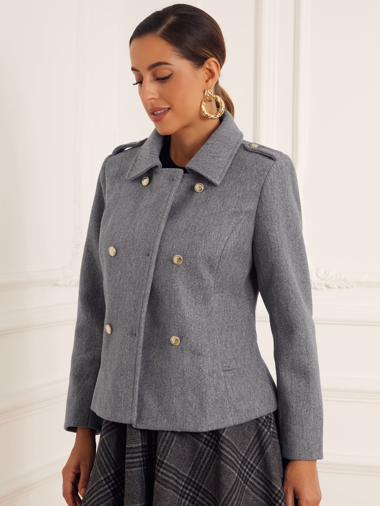 DARING DIVA Women's Classic Collar Double Breasted Winter Pea Coat Gray M