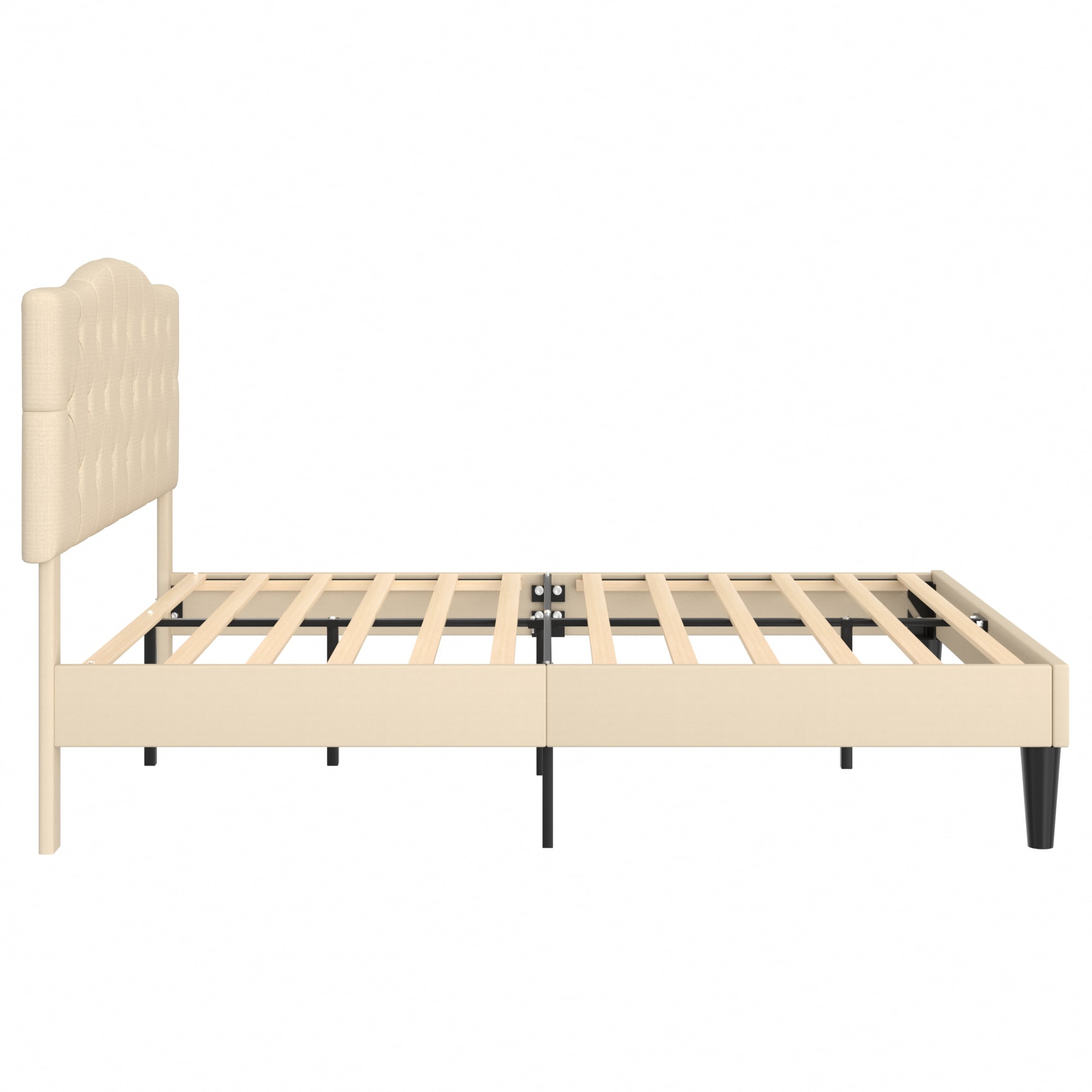 VECELO Queen Upholstered Platform Bed Frame with Diamond Tufted Adjustable Headboard, Wooden Slats Support, No Box Spring Needed, Beige