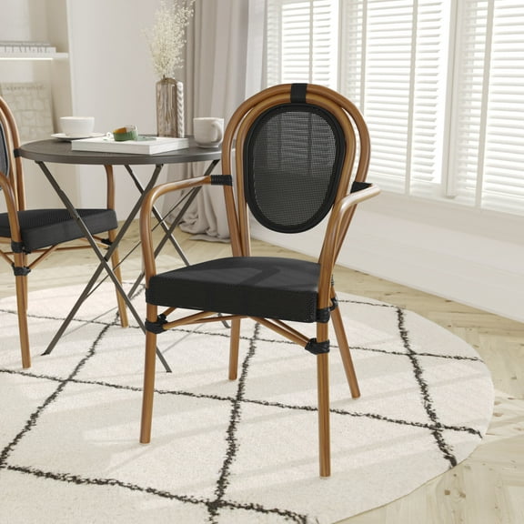 Emma   Oliver Indoor/Outdoor Stacking Thonet Bistro Style Chair with Arms, Black Textilene Seat and Natural Bamboo Finished Metal Frame