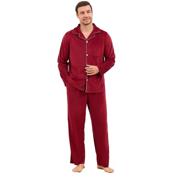 EK4YDNDS Mens Pajama Set, Comfy Flannel PJS Set for Men Lounge Warm Sleepwear（BURGUNDY, L）