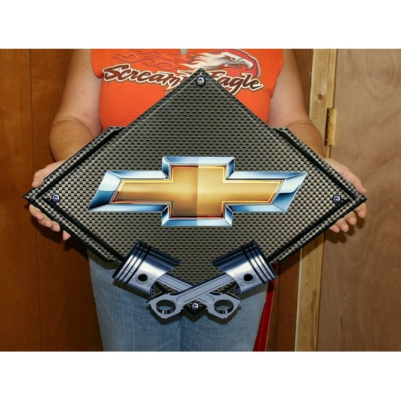 Chevy Bowtie Crossed Pistons Metal Sign/Carbon Fiber 25" x 19"