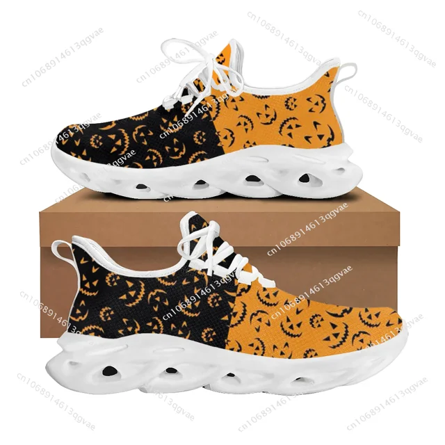 Zapatillas deportivas planas de calabaza de Halloween para hombre y mujer, deportivas de alta calidad con cordones, de malla, hechas a medida, color blanco
