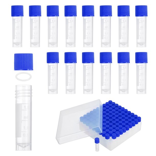 Uxcell 100 Pcs Viales de Plástico, Tubos de Prueba de Muestra Pequeños de 2ml, Tubos de Centrifugado, Contenedor Congelado con Tapa de Rosca para Almacenamiento a Baja Temperatura en Laboratorio, Azul
