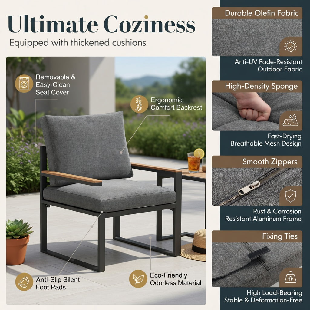 Hommoo 3-Piece Aluminum Outdoor Conversation Set, Weather-Resistant Patio Seating with Thick Olefin Cushions, WPC Coffee Table, Adjustable Feet for Deck, Porch & Poolside, Gray