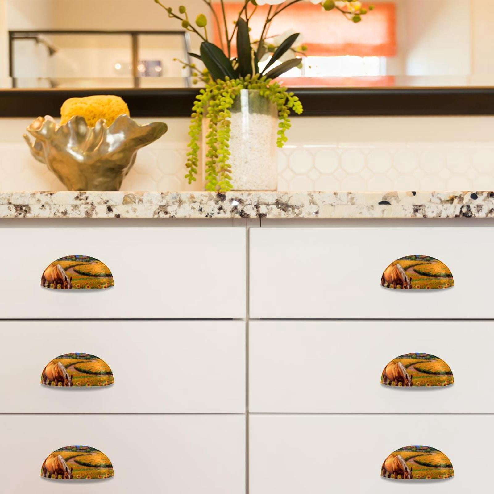 PhooArto 6 Pcs Cup Drawer Pulls, Farm Horse Sunflower Painting Shell Shape Handles Cabinet Knobs for Dresser Cupboard Closet Wardrobe with Screws