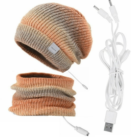 Odeerbi Heated Hat For Men Women Knitted Circle Loop Scarf Hat Bib Set Autumn Winter Gradient Color Hat Thickened Warm Cold-proof Orange without Power Bank