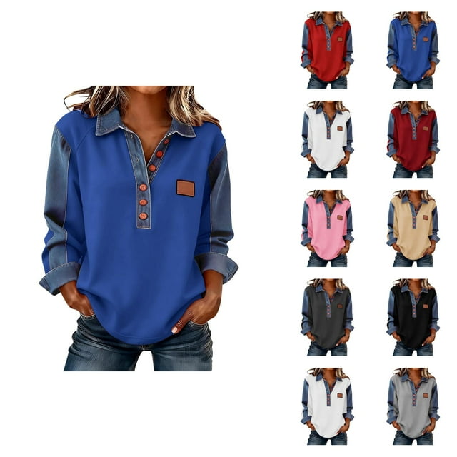 Hauts à Manches Longues pour Femmes 2026 Printemps Mode Bouton Col en V Col à Revers Patchwork en Denim Chemise Décontractée Blouse