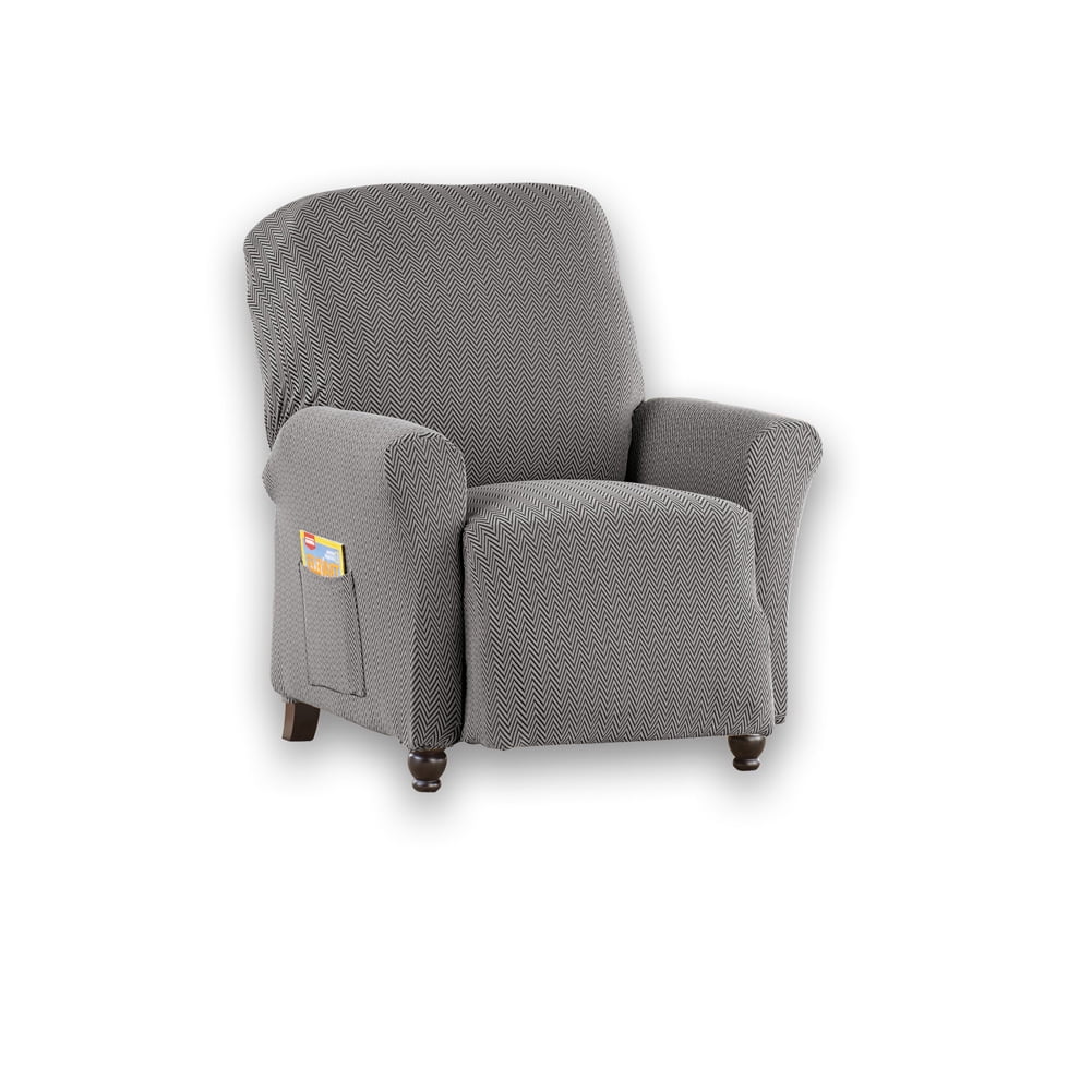 Herringbone Print Stretch Furniture Slipcover Classic Design in Neutral Colors, Recliner, Grey