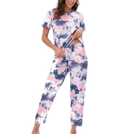 

UKAP Women Soft Short Sleeve Nightwear Ladies Color Stitching Sleepwear Plaid Printed Sleep Chest Pocket Elastic Waist Homewear