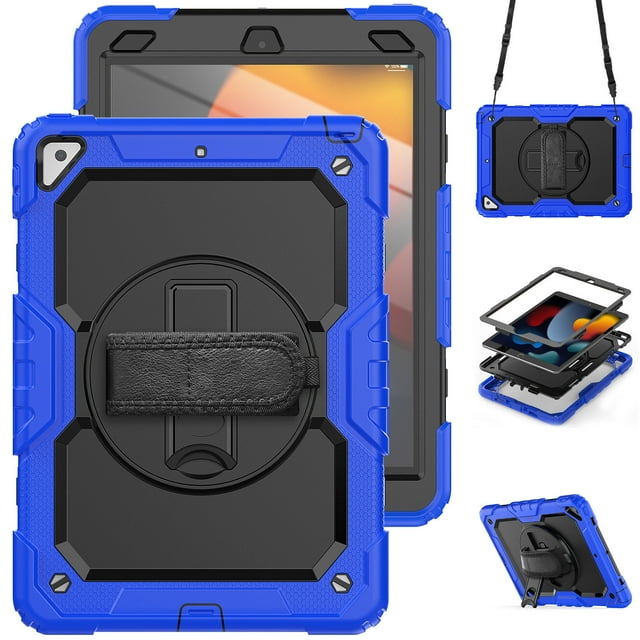 Étui pour iPad Air 3e Génération 2019/iPad Pro 10,5 Pouces 2017 avec Protecteur d'Écran, Sangle de Main à Béquille Rotative à 360 Degrés, Étui Robuste Antichoc avec Sangle d'Épaule, Bleu