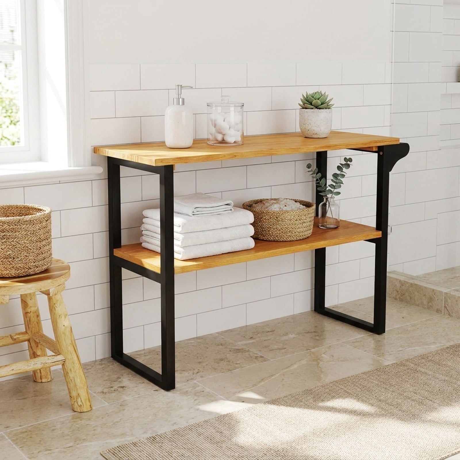 Vebreda Bathroom Towel Rack, 2-Tier Solid Teak Wood Bathroom Shelf with Towel Rack, Solid Wood Construction, 2-Tier Spacious Space