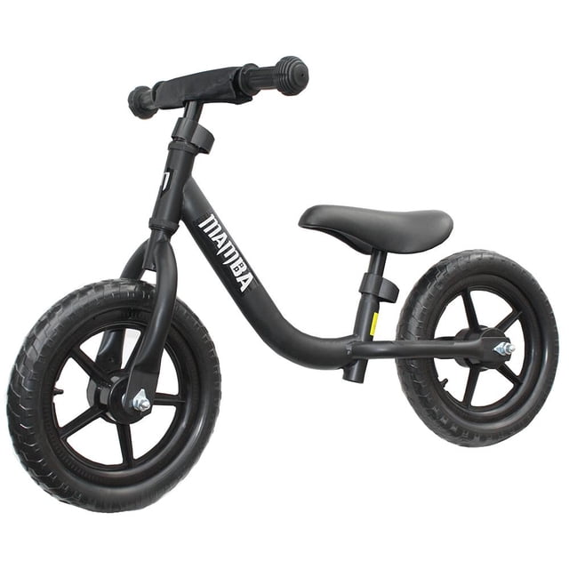 Mamba Sport Vélo d'Équilibre 12 Pouces (Noir) Léger avec Siège et Guidon Réglables, Vélo Sans Pédales pour Enfants de 2 à 5 Ans, Siège Rembourré, Coussinet de Sécurité, Poignées en Caoutchouc, Pneus EVA Sans Crevaison
