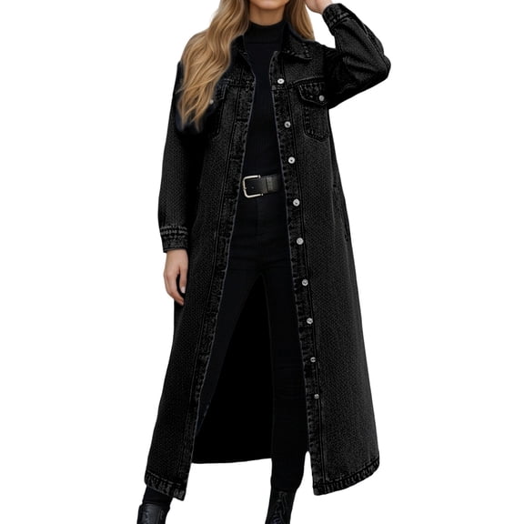 QHFBli Women's Long Casual Maxi Length Denim Cotton Coat Oversize Button Up Jean Jacket