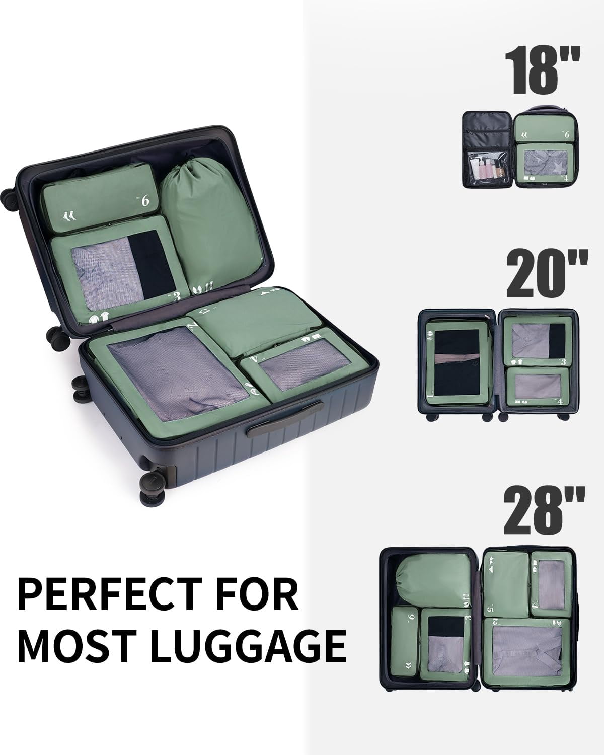 7 Pcs Packing Cubes for Travel Organizer Tear-Resistant with Number Icon Handle Storage Bags for Carry on Bag for Clothes Shoes, Green