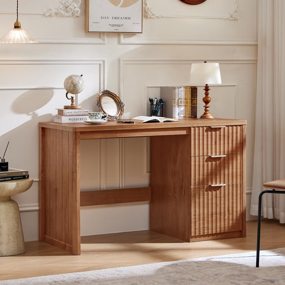 48 Modern Fluted Executive Desk with 3 Drawers Storage Cabinet - Tea Brown