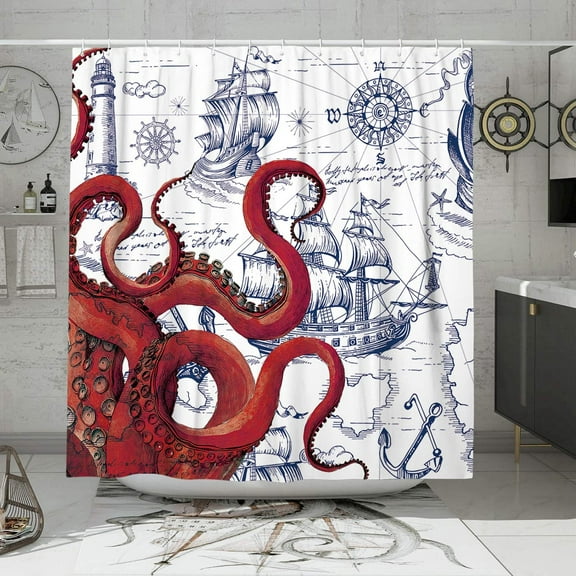Red Nautical Octopus Shower Curtains for Bathroom Cool Ocean Kraken Saioat Pirate Theme Funny Octopus Bathroom Decor Polyester Fabric-72" x 72"