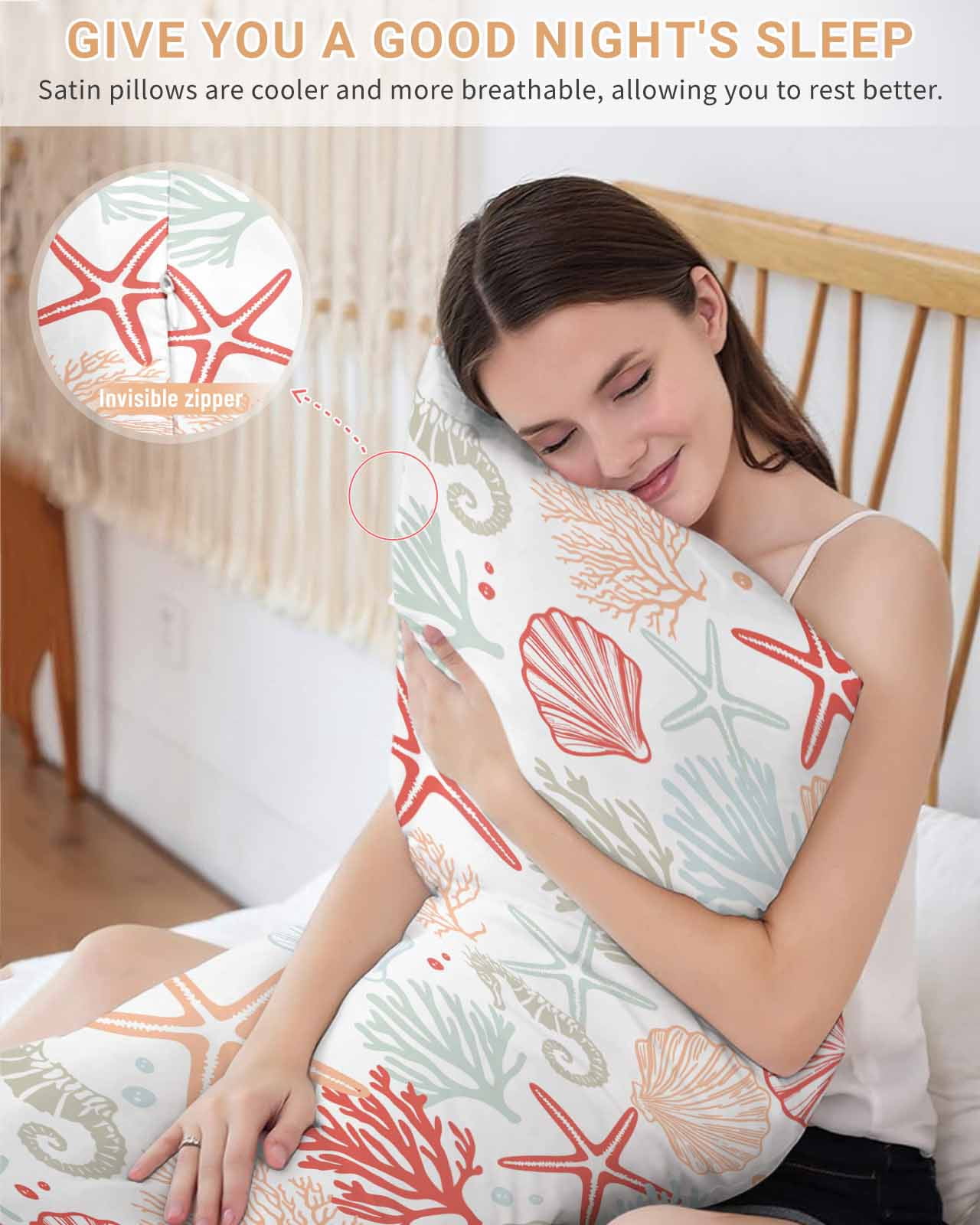 Ocean Orange Red Pillow Cases Body Size, Smooth Satin Pillowcase for Hair and Skin, Coastal Starfish Coral Shell Marine Decorative Cooling Bed Pillow Covers with Zipper, 20x54 Inches