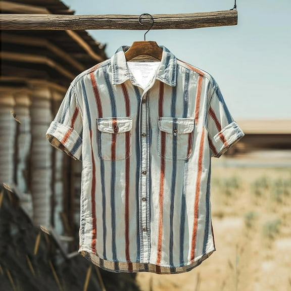 S-5X Mens Big & Tall Shirts with Pockets Plus Size Short Sleeve Button-Down Collared T-Shirts Vintage Stripe Printed Going-Out Tees Tops