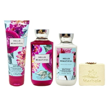 Bath & Body Works Hello Beautiful 3 Piece Value Pack with a Marbela Creamy Rose Bar Soap - Body Cream - Shower Gel and Body Lotion - Full Size