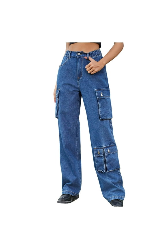 Bootcut Jeans for Women Mid Waist Baggy Cargo Jeans Pants Multi-pocket Straight Wide Leg Trousers Cowgirl Lounge Pant