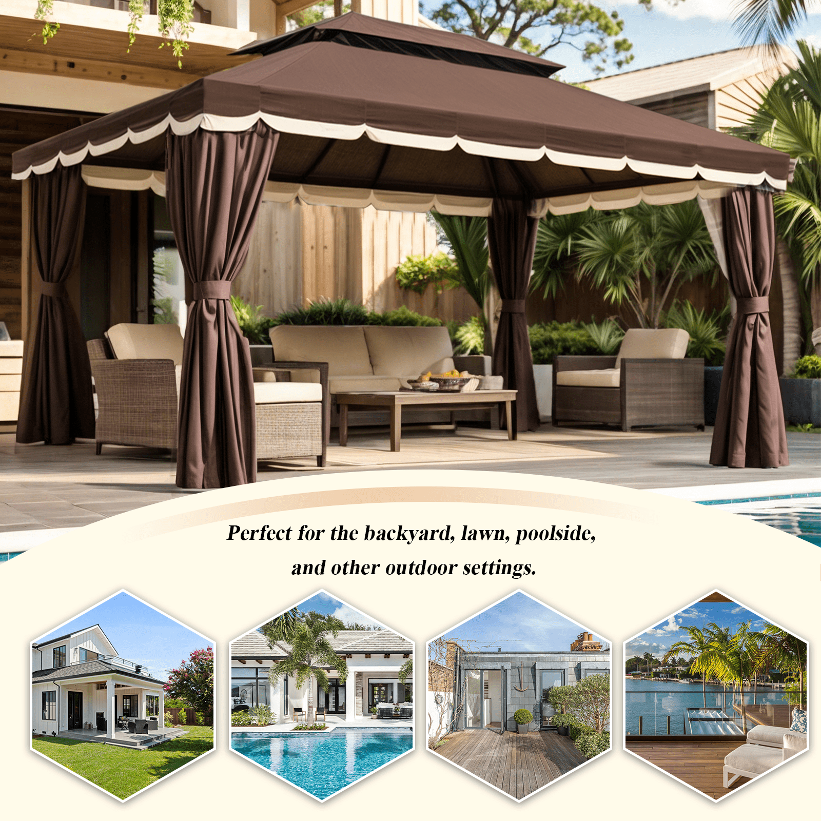 Grezone 10×13 FT Deluxe No Screws Gazebo,Double Roof Outdoor Shelter Tent with Mosquito Nettings and Privacy Screens