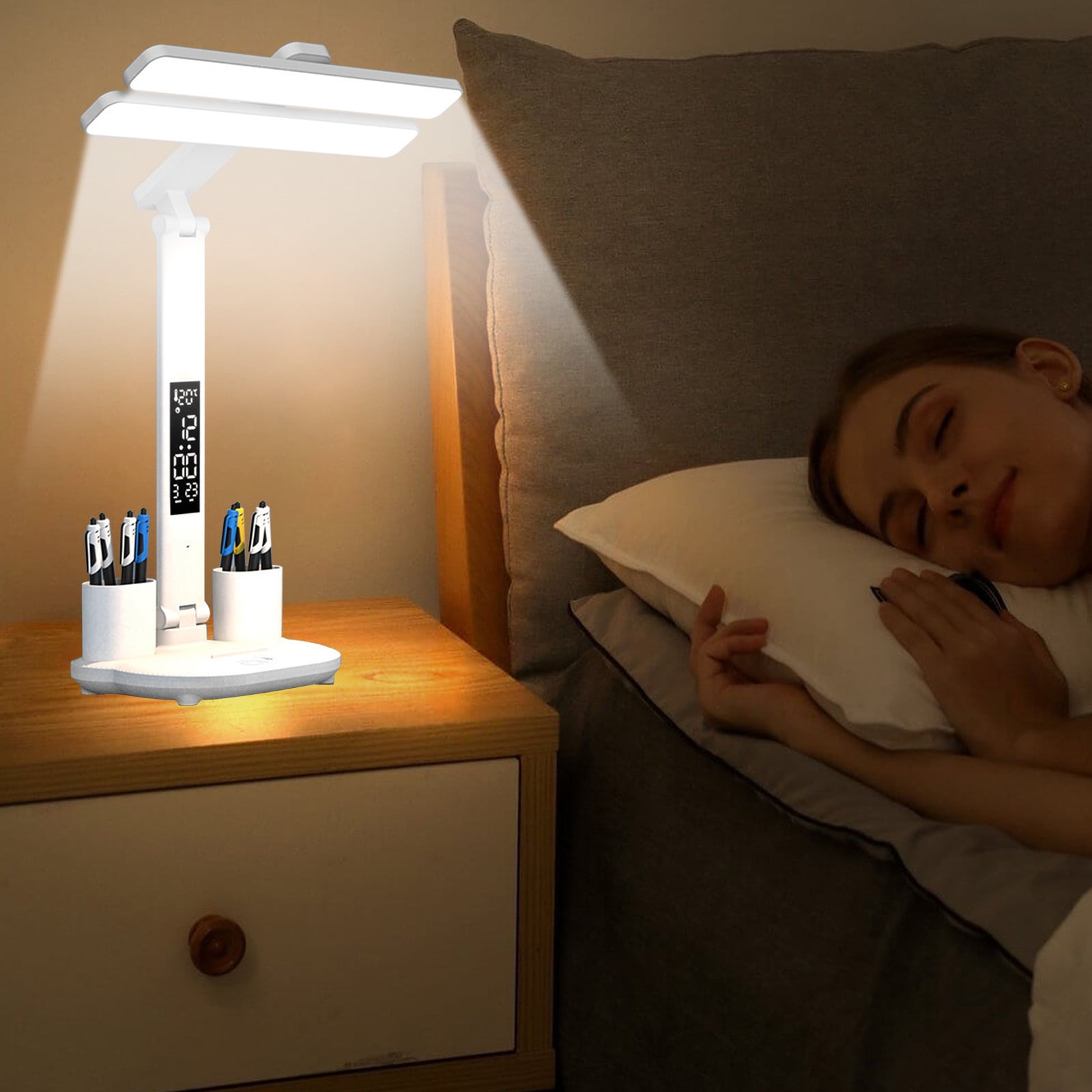 LED Desk Lamp with Pencil Sharpener | Foldable Eye-Care Reading Light | Adjustable Angle | Pen Holder Organizer | Type-C Rechargeable 2000mAh Battery | White | 13.39"x11.02"x6.89"